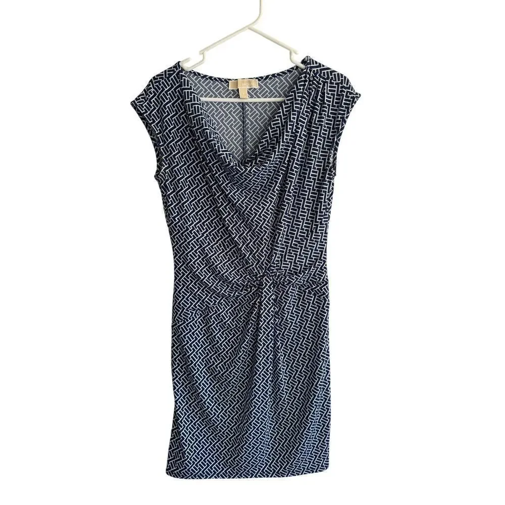 Michael Kors Navy and White Geometric Print Stretchy Cowl Neck Dress size Small